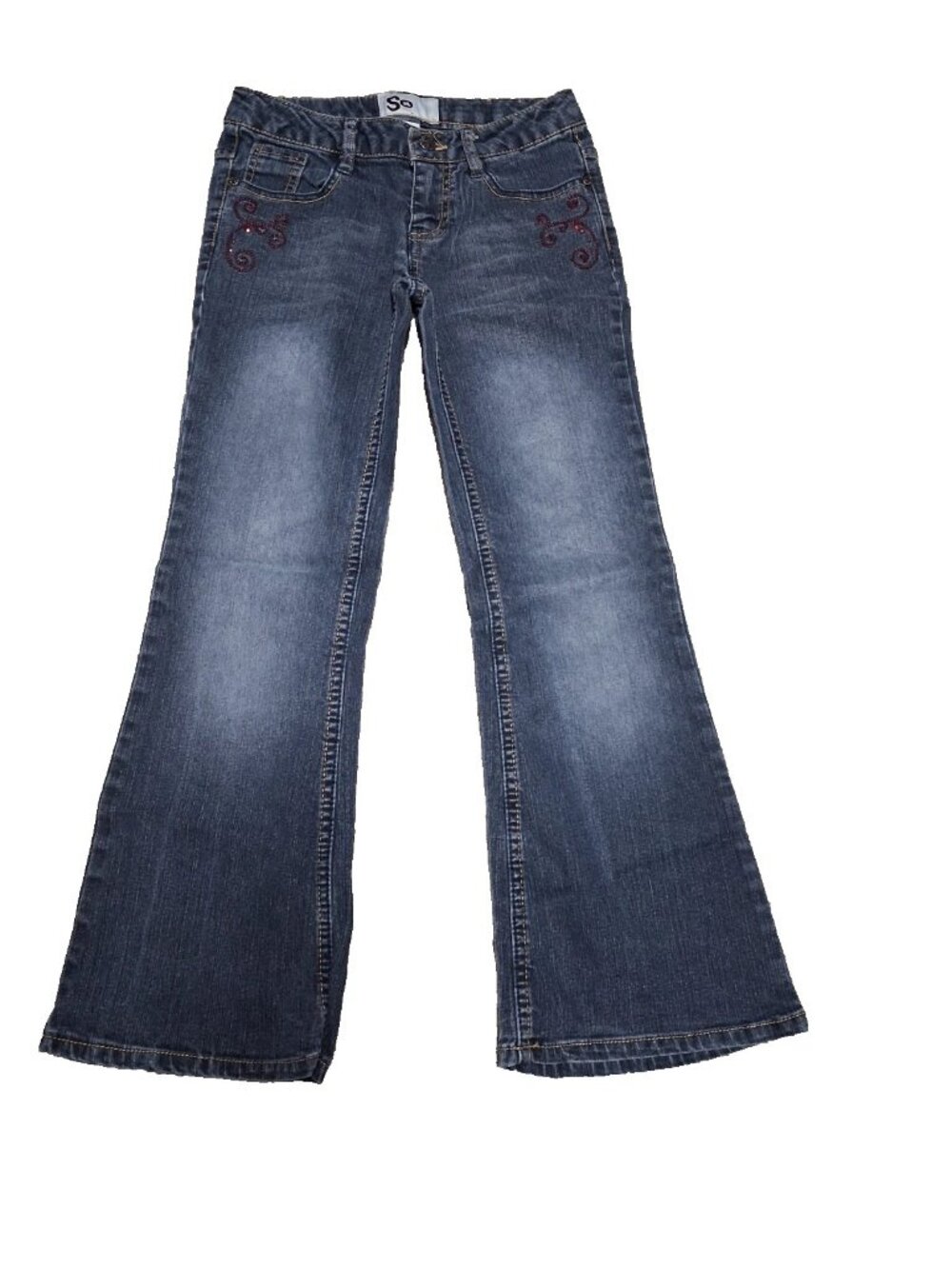 So Girls Sz 10 flare Medium Blue Flare jeans 27 1/2x25 zipper Button 5 pockets